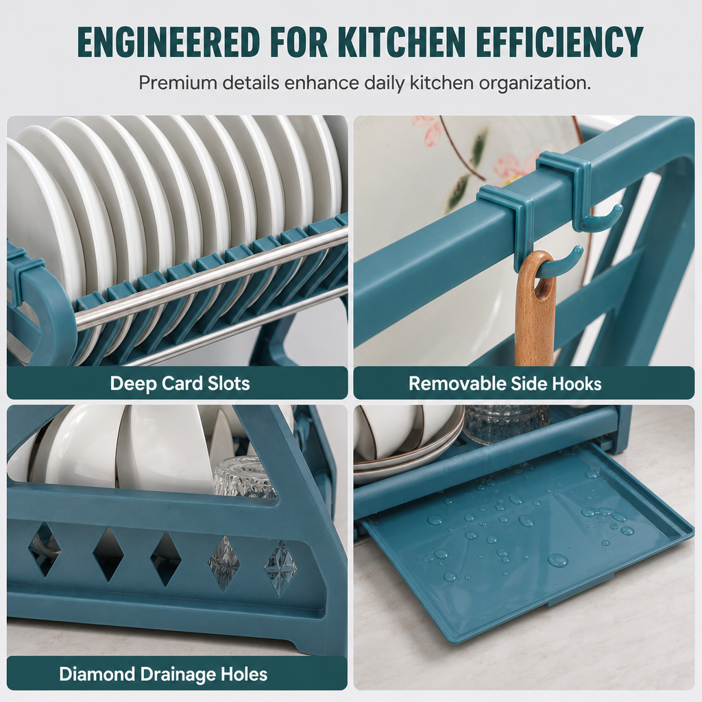 Multi-tier Dish Drying Rack – Includes an upright plate rack and a drip tray; no tools required for assembly.