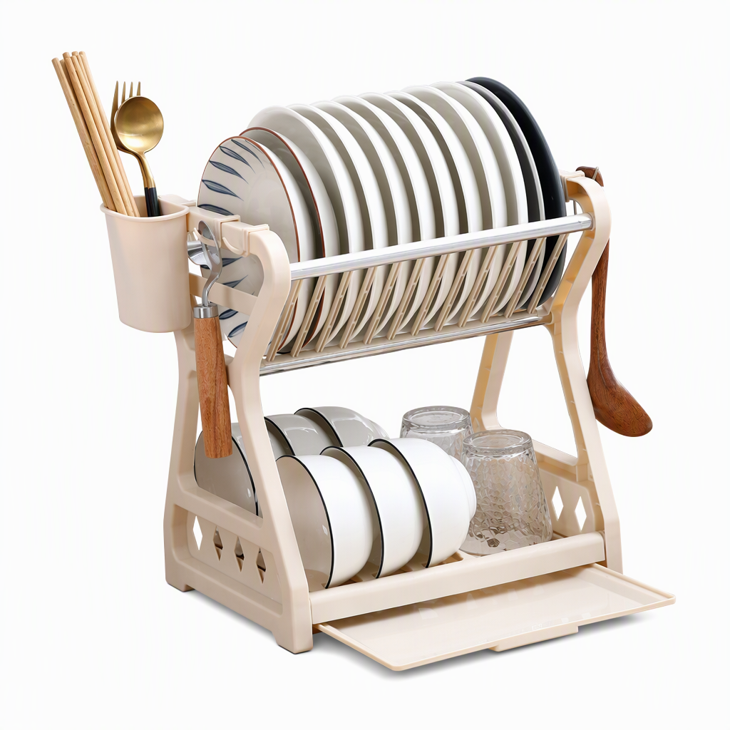 Multi-tier Dish Drying Rack – Includes an upright plate rack and a drip tray; no tools required for assembly.