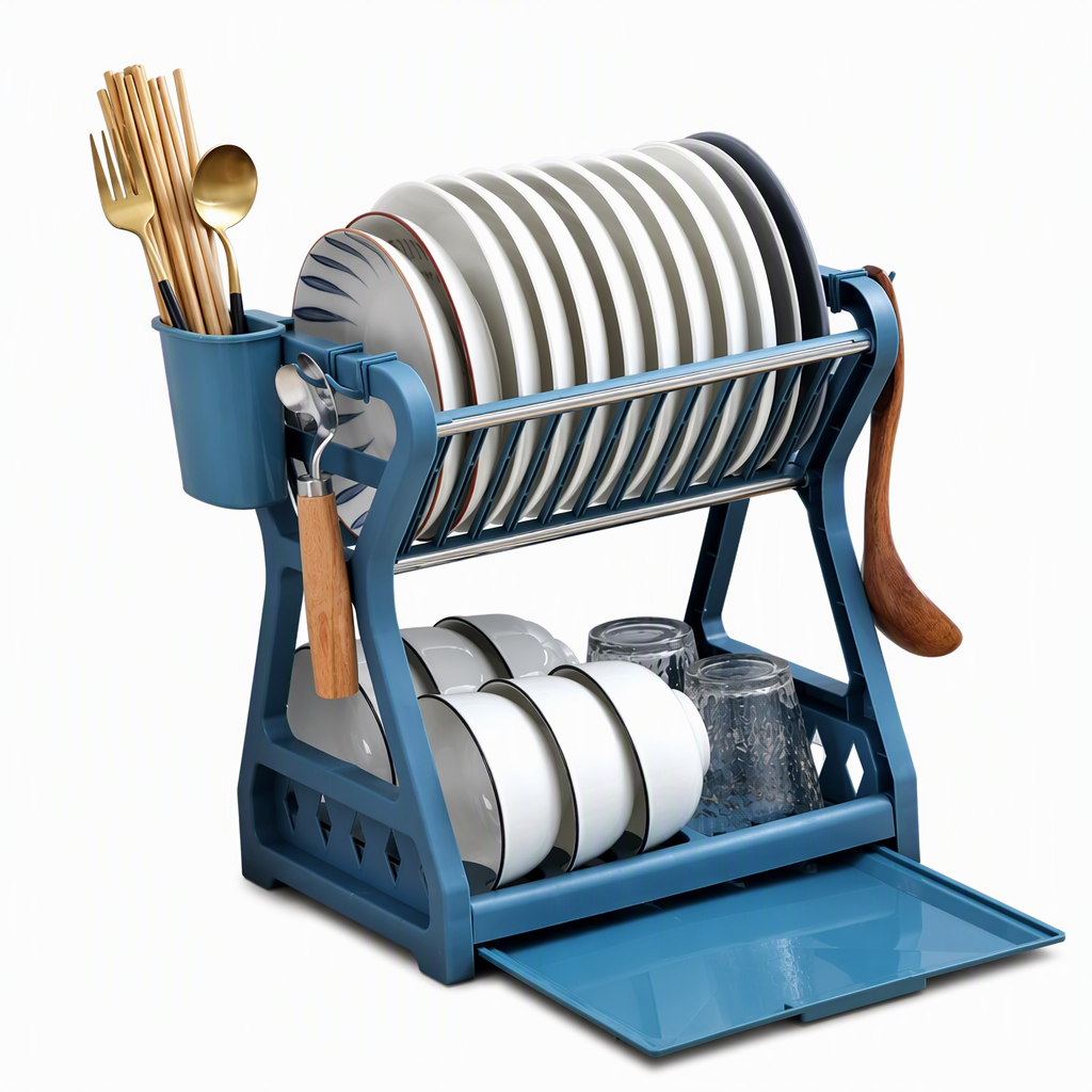 Multi-tier Dish Drying Rack – Includes an upright plate rack and a drip tray; no tools required for assembly.